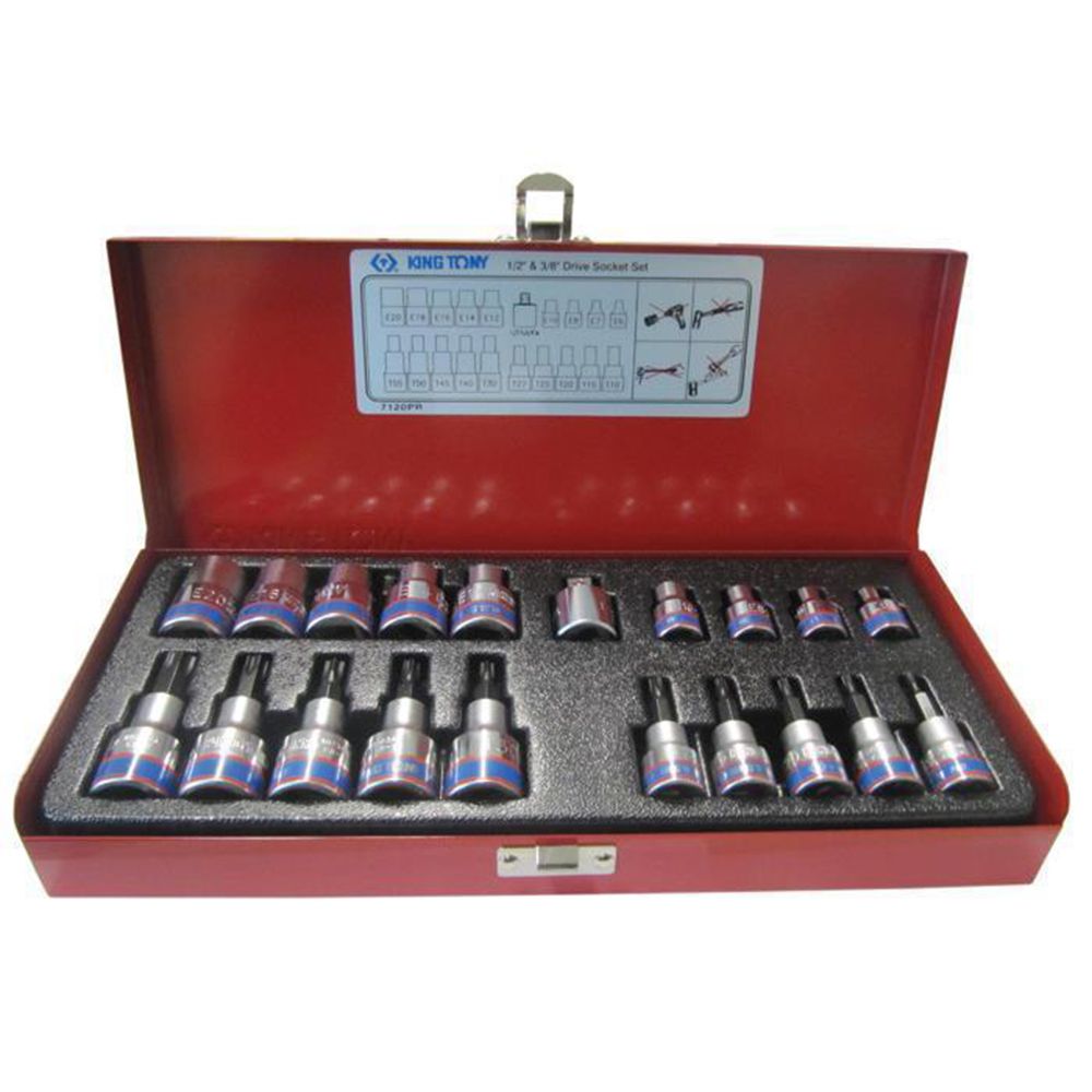 Jogo soquete torx encaixe 3/8-1/2 E6 a E20 - T10 a T55 com 20